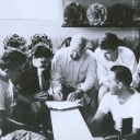 Richard Buckminster “Bucky” Fuller, center, instructs students in an architecture class at Black Mountain College. Fuller — an architect, author, educator, inventor and engineer — taught at Black Mountain College in the summers of 1948 and 1949. Photo courtesy of Western Regional Archives